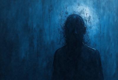 The primary subject of the image is a person, possibly a man, with a dark and moody appearance. The person is standing in front of a blue wall, which serves as the setting or background. The visual style of the image is a combination of digital art and illustration, creating a unique and intriguing atmosphere. The dominant colors in the image are blue and black, which contribute to the overall mood and tone of the scene.