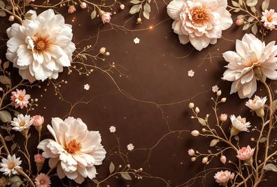 The primary subject of the image is a beautifully designed wallpaper featuring a pattern of white flowers and gold accents. The setting is a wall, and the visual style is a combination of photo and digital art. The dominant colors are white and gold, creating a warm and elegant atmosphere.