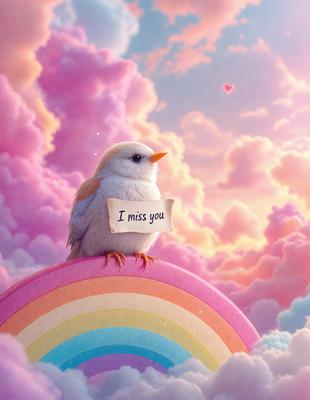 The primary subject of the image is a small bird perched on a colorful cloud. The bird is holding a sign that reads "I miss you." The setting is a whimsical, dreamy environment with a pink and purple color scheme. The visual style is a combination of digital art and illustration, creating a surreal and imaginative atmosphere.