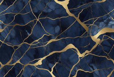 The primary subject of the image is a marble surface with gold accents. The setting is a room with a blue background. The visual style is a combination of a photo and digital art, creating a unique and intricate pattern. The dominant colors are blue and gold, giving the image a luxurious and elegant appearance.
