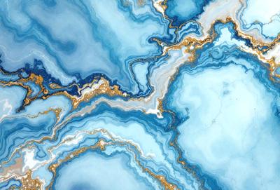 The primary subject of the image is a blue and gold marbled stone. The setting is a blue and gold marbled stone surface, which serves as the background. The visual style is a close-up of the marbled stone, showcasing its intricate patterns and colors. The dominant colors are blue and gold, creating a rich and luxurious atmosphere.