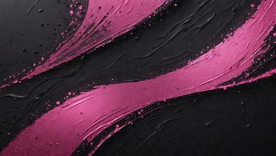 The primary subject of the image is a pink paint splatter on a black background. The setting is a black canvas, and the visual style is a close-up of the paint splatter. The dominant colors are pink and black, creating a bold and striking visual effect.