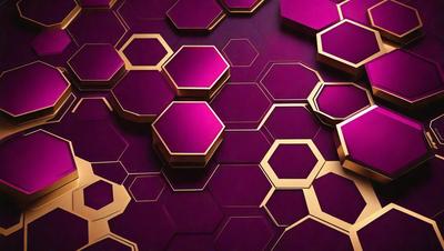 The primary subject of the image is a purple wall with hexagonal shapes on it. The setting is a room with a purple wall, and the visual style appears to be a combination of a photo and digital art. The dominant colors are purple and gold, creating a unique and visually appealing atmosphere.