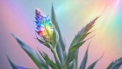 The primary subject of the image is a single, colorful flower with a rainbow-colored petal. The flower is situated in a vibrant, colorful background, which adds to the overall atmosphere of the scene. The visual style of the image is a combination of photo and digital art, creating a unique and eye-catching representation of the flower. The colors and mood of the image are lively and cheerful, with the bright colors of the flower and the background creating a sense of joy and positivity.