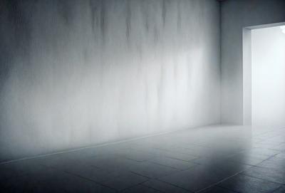 The primary subject of the image is a white wall with a white tile floor. The setting is a room with a white wall and a white tile floor. The visual style is a black and white photo. The colors and mood are predominantly white, giving the image a clean and minimalist appearance.