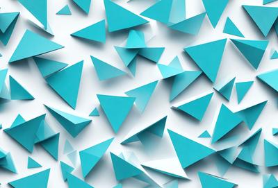 The primary subject of the image is a large number of blue triangles arranged in various patterns. The setting is a white wall, which serves as the background for the triangles. The visual style is a combination of digital art and illustration, creating a unique and eye-catching pattern. The dominant colors are blue and white, giving the image a clean and modern appearance.
