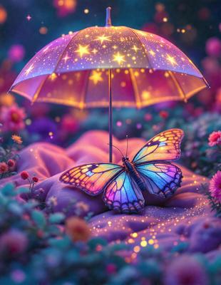 Primary subject: A butterfly.
Setting/background: A flower garden with a purple umbrella.
Visual style: Digital art.
Colors and mood: The image is colorful and has a whimsical, dreamy atmosphere.