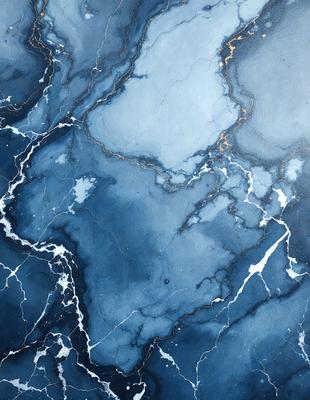 The primary subject of the image is a blue and white marbled wall. The setting is a room with a blue and white marbled wall as the main focus. The visual style is a painting, which gives the image a unique and artistic appearance. The dominant colors are blue and white, creating a calm and soothing atmosphere.