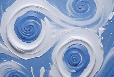 The primary subject of the image is a blue and white swirl pattern. The setting is a blue background, and the visual style appears to be a digital art or illustration. The dominant colors are blue and white, creating a calm and soothing atmosphere.