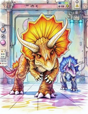 The primary subject of the image is a large, colorful dinosaur with a yellow and orange head, standing next to a smaller, blue dinosaur. The setting appears to be a room with a sink and a chair. The visual style is a combination of digital art and illustration, creating a vibrant and lively atmosphere. The dominant colors are yellow, orange, and blue, with the large dinosaur being predominantly yellow and orange.