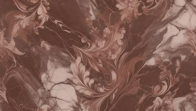 The primary subject of the image is a marble wall with a flowery design. The setting is a room with a brown marble wall, and the visual style is a combination of a photo and digital art. The colors and mood of the image are predominantly brown and earthy, creating a warm and natural atmosphere.