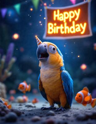The primary subject of the image is a colorful parrot standing on a rock. The parrot is wearing a birthday cake hat, which adds a festive touch to the scene. The setting is underwater, with the parrot surrounded by fish and other aquatic creatures. The visual style of the image is a combination of photo and digital art, creating a vibrant and lively atmosphere. The dominant colors are blue, green, and orange, which contribute to the overall cheerful and celebratory mood of the