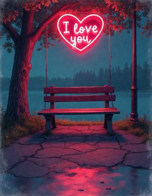 The primary subject of the image is a bench, which is situated in a park setting. The bench is located near a tree and a swing, creating a peaceful and relaxing atmosphere. The visual style of the image is digital art, with the bench and its surroundings depicted in a vibrant and detailed manner. The colors and mood of the image are predominantly warm and inviting, with the bench and the tree providing a sense of comfort and tranquility.