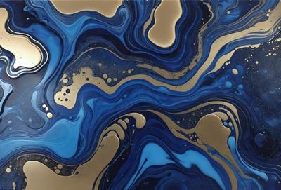 The primary subject of the image is a blue and gold painting, featuring a swirling design with a mix of blue and gold colors. The setting is a wall, and the visual style appears to be a painting or a digital artwork. The dominant colors in the painting are blue and gold, creating a vibrant and eye-catching atmosphere.