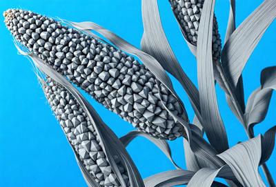 The primary subject of the image is a close-up of a plant with a large number of small, round, shiny objects on it. The setting is a blue background, which adds to the overall visual style. The image is a digital art or illustration, showcasing the intricate details of the plant and its unique features. The colors and mood of the image are predominantly blue, creating a calm and serene atmosphere.
