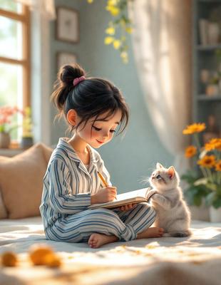 The primary subject of the image is a young girl sitting on a bed, holding a book and smiling. The setting is a cozy bedroom, with a potted plant nearby and a vase on a surface. The visual style is a combination of photo and digital art, creating a warm and inviting atmosphere. The colors are predominantly warm and soft, with the girl's smile and the book's cover being the main focus of the image.