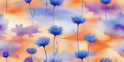 The primary subject of the image is a field of blue flowers, with a sky background. The flowers are depicted in a watercolor style, giving the scene a vibrant and lively atmosphere. The colors are predominantly blue, with some orange hues in the sky, creating a sense of depth and contrast. The overall mood of the image is cheerful and uplifting, as the flowers bloom in the open sky.