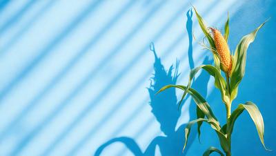 The primary subject of the image is a corn plant with a large green leaf. The plant is located in a blue room, which serves as the setting. The visual style of the image is a photo, capturing the plant in its natural environment. The dominant colors in the image are blue and green, creating a calm and serene atmosphere.