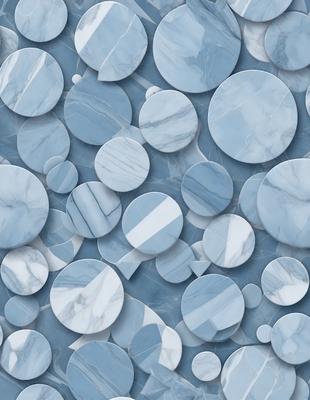 The primary subject of the image is a pattern of circles, which are arranged in a blue and white color scheme. The setting is a blue and white marble wall, creating a visually appealing and cohesive design. The visual style of the image is a combination of photo and digital art, as it showcases the intricate details of the circles and the marble wall. The overall atmosphere of the image is elegant and sophisticated, with the blue and white color palette evoking a sense of calmness and tranqu