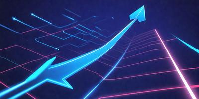 The primary subject of the image is a blue arrow pointing upwards. The arrow is located in the center of the image, and it appears to be the main focus. The setting is a dark blue background, which contrasts with the bright blue arrow. The visual style of the image is digital art, as it is a computer-generated image. The colors and mood of the image are predominantly blue, creating a calm and serene atmosphere.