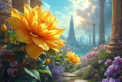 Primary subject: Yellow sunflower with green leaves.
Setting/background: A beautiful garden with a castle in the background.
Visual style: Digital art.
Colors and mood: The yellow sunflower stands out against the green leaves, creating a vibrant and cheerful atmosphere.