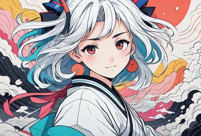 The primary subject of the image is a woman with white hair, wearing a white shirt and a blue ribbon. She is smiling and appears to be the main focus of the image. The setting is a colorful background, which adds a vibrant and lively atmosphere to the scene. The visual style is a combination of digital art and illustration, creating a unique and eye-catching image. The colors and mood are predominantly bright and cheerful, with the woman's smile and the colorful background