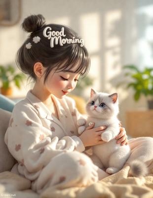 The primary subject of the image is a young girl holding a small white kitten. The setting is a cozy environment, possibly a bedroom, with a potted plant in the background. The visual style appears to be a digital art or illustration, creating a warm and inviting atmosphere. The colors are predominantly white and grey, with the girl's outfit and the kitten's fur being white, and the background featuring a potted plant.