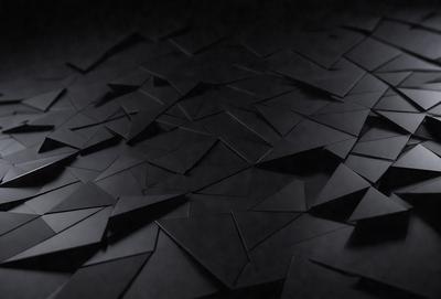 The primary subject of the image is a black and white pattern, which appears to be a close-up of a black surface. The setting is a dark room, and the visual style is a combination of a photo and digital art. The dominant colors are black and white, and the overall atmosphere is mysterious and intriguing.