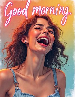 The primary subject of the image is a woman with a smile on her face, likely enjoying a good morning. She is wearing a blue tank top and has a pair of earrings. The setting is a colorful background, which adds a vibrant and cheerful atmosphere to the scene. The visual style is a combination of digital art and illustration, creating a unique and eye-catching image.