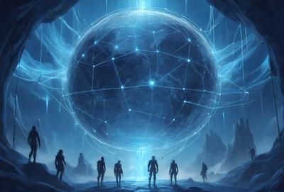 The primary subject of the image is a group of five people walking in a line, with a large, blue, glowing sphere in the background. The setting appears to be a futuristic environment, possibly a cave or an underground space. The visual style of the image is digital art, with the people and the sphere being the main focus of the composition. The colors and mood of the image are predominantly blue and dark, creating a sense of mystery and intrigue.