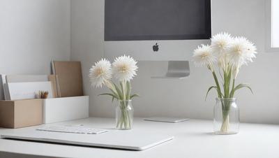 The primary subject of the image is a white desk with a computer monitor, keyboard, and mouse on it. The setting is an office environment, and the visual style is a photo. The colors and mood of the image are predominantly white, creating a clean and minimalist atmosphere.