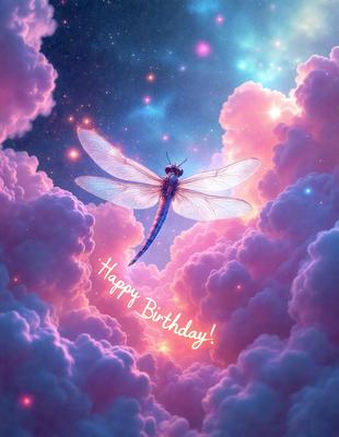 The primary subject of the image is a dragonfly, which is flying through a pink and purple cloudy sky. The setting is a colorful and whimsical environment, with the dragonfly being the main focus of the scene. The visual style is a combination of digital art and illustration, creating a vibrant and lively atmosphere. The dominant colors are pink and purple, giving the image a warm and cheerful mood.