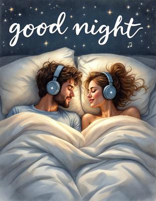 Good Night: A couple lying in bed with headphones on, enjoying a relaxing night together.