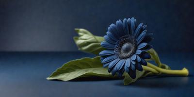 The primary subject of the image is a blue flower, which is the main focus of the scene. The setting is a dark blue background, creating a moody atmosphere. The visual style is a close-up of the flower, showcasing its details. The dominant colors are blue and green, with the blue flower being the most prominent feature in the image.