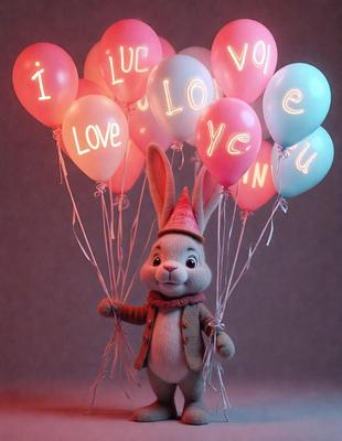 The primary subject of the image is a stuffed bunny rabbit, which is the main focus of the scene. The bunny is wearing a hat and a scarf, and it is holding onto a string of pink balloons. The setting appears to be indoors, with a wall visible in the background. The visual style of the image is a combination of photo and digital art, creating a unique and playful atmosphere. The dominant colors in the image are pink and brown, which contribute to the overall