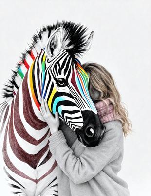 The primary subject of the image is a woman hugging a zebra. The zebra is painted with a rainbow pattern, adding a vibrant and colorful touch to the scene. The woman is wearing a gray sweater, and the overall atmosphere of the image is warm and affectionate. The setting appears to be indoors, with a white background that contrasts with the vivid colors of the zebra and the woman's sweater. The visual style of the image is a combination of photo