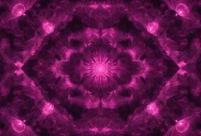 The primary subject of the image is a purple flower with a yellow center, surrounded by a purple background. The visual style of the image is a close-up of the flower, with a purple and pink color scheme. The setting appears to be a patterned background, possibly a wallpaper or a textured surface. The overall atmosphere of the image is vibrant and visually appealing.