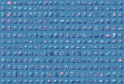 The primary subject of the image is a collection of various blue characters, possibly cartoons or other illustrations. They are arranged in a pattern, filling the entire image. The setting is a blue background, which complements the blue characters. The visual style appears to be a combination of digital art and illustration, creating a unique and vibrant atmosphere. The dominant colors are blue, which is prevalent in the characters and the background, and the overall mood is lively and engaging.