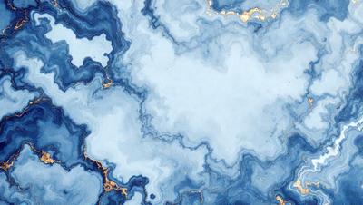 The primary subject of the image is a blue and gold painting of a cloudy sky. The setting is a blue background, and the visual style appears to be a digital art or illustration. The dominant colors in the painting are blue and gold, creating a serene and calming atmosphere.