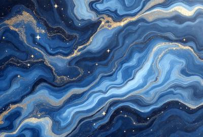 The primary subject of the image is a blue and gold starry background. The setting is a space with a blue and gold starry background, which creates a sense of depth and beauty. The visual style is a combination of digital art and illustration, giving the image a unique and artistic appearance. The dominant colors are blue and gold, which evoke a sense of tranquility and wonder.