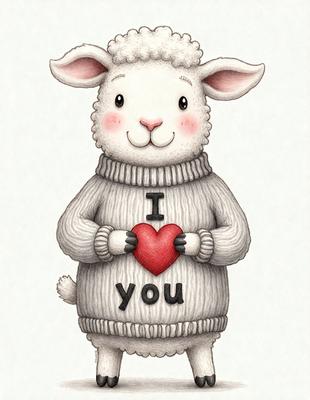 The primary subject of the image is a sheep wearing a sweater and holding a heart. The sheep is standing on a white surface, which could be a sheet of paper or a white background. The visual style of the image is a combination of digital art and illustration, creating a whimsical and charming scene. The colors in the image are predominantly white, with the sheep's sweater being a shade of gray, and the heart being red. The overall atmosphere of the image is warm, friendly, and inv