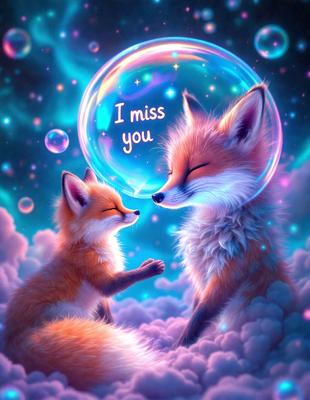 The primary subject of the image is a fox and a baby fox. The baby fox is touching the adult fox's face, creating a heartwarming scene. The setting is a cloudy sky, and the visual style is a digital art illustration. The colors are predominantly blue and pink, giving the image a warm and cozy atmosphere.