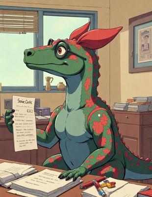 The primary subject of the image is a cartoon dinosaur, specifically a green and red lizard, sitting at a desk and reading a piece of paper. The setting is an office environment, with a desk and a chair visible in the scene. The visual style is a comic or cartoon illustration, giving the image a playful and lighthearted atmosphere. The colors are predominantly green and red, with other colors used for the dinosaur's skin and the paper.