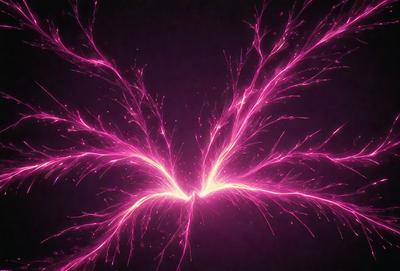 The primary subject of the image is a bright pink light, which appears to be a neon light or a lightning bolt. The light is illuminating the dark background, creating a striking contrast. The setting is a dark room, and the visual style is a close-up of the pink light. The colors and mood of the image are predominantly pink, creating a vibrant and energetic atmosphere.