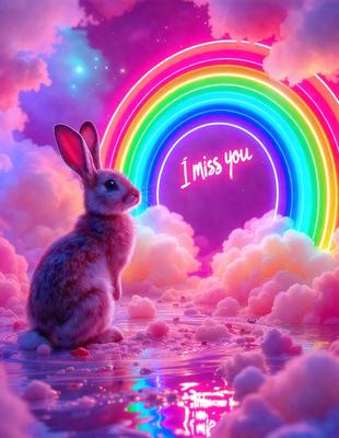 The primary subject of the image is a cute bunny sitting in a pink and white cloudy environment. The setting appears to be a whimsical, dreamy, and colorful scene. The visual style of the image is a combination of photo and digital art, creating a unique and artistic representation of the bunny. The dominant colors in the image are pink and white, which contribute to the overall mood of the scene, making it feel warm, inviting, and playful.