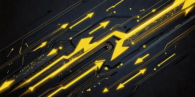 The primary subject of the image is a pattern of yellow and black arrows. The setting is a black background, and the visual style appears to be a digital art or illustration. The dominant colors are yellow and black, creating a bold and striking appearance. The overall atmosphere of the image is energetic and dynamic, with the arrows suggesting movement and direction.