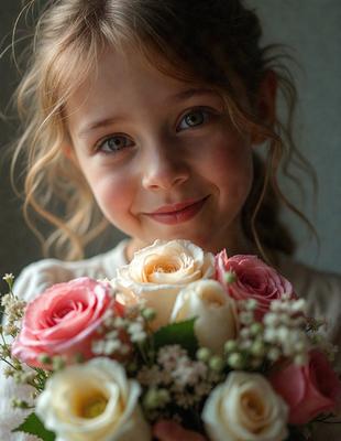 The primary subject of the image is a young girl holding a bouquet of flowers. She is smiling and posing for the camera. The setting is indoors, with the girl standing in front of a wall. The visual style is a photo, capturing the girl's expression and the details of the flowers. The colors in the image are predominantly pink, which adds a warm and cheerful atmosphere to the scene.