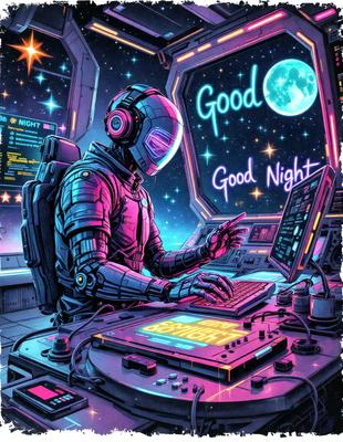 The primary subject of the image is a man sitting at a computer desk, working on a laptop. The setting is a futuristic space, with a pink and purple color scheme. The visual style is a digital art or illustration, creating a vibrant and unique atmosphere. The man appears to be enjoying a good night's sleep, as indicated by the phrase "good night" on the wall behind him.