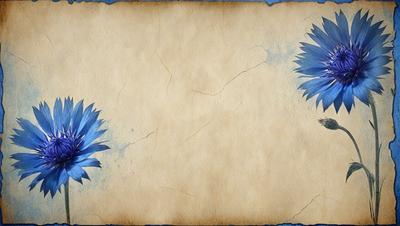 The primary subject of the image is a blue flower, which is the main focus of the scene. The setting is a piece of paper or a parchment, which serves as the background. The visual style of the image is a combination of a photo and a drawing, giving it a unique and artistic appearance. The dominant colors in the image are blue and white, creating a calm and serene atmosphere.