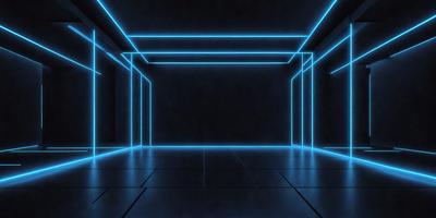 The primary subject of the image is a black and blue room with a blue floor. The setting is a dark room with a blue floor, and the visual style is a digital art or illustration. The colors and mood of the image are predominantly dark and moody, with the blue floor and walls creating a striking contrast against the black background.